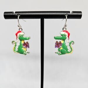 Christmas Alligator Dangle Drop Earrings Santa Hat Present Green Red Xmas